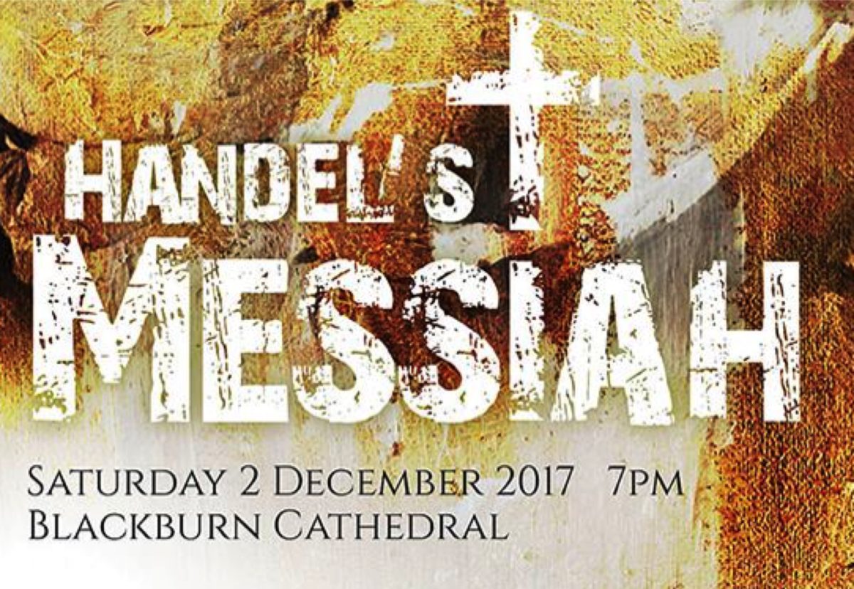 Advert promoting Handel&#039;s Messiah, yellow background with a cross